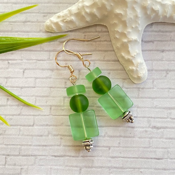 Green Sea Glass Beachy Earrings - Picture 3 of 7